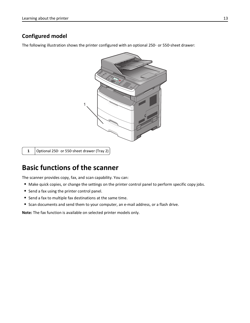 Basic functions of the scanner, Configured model | Lexmark 436 User Manual | Page 13 / 235