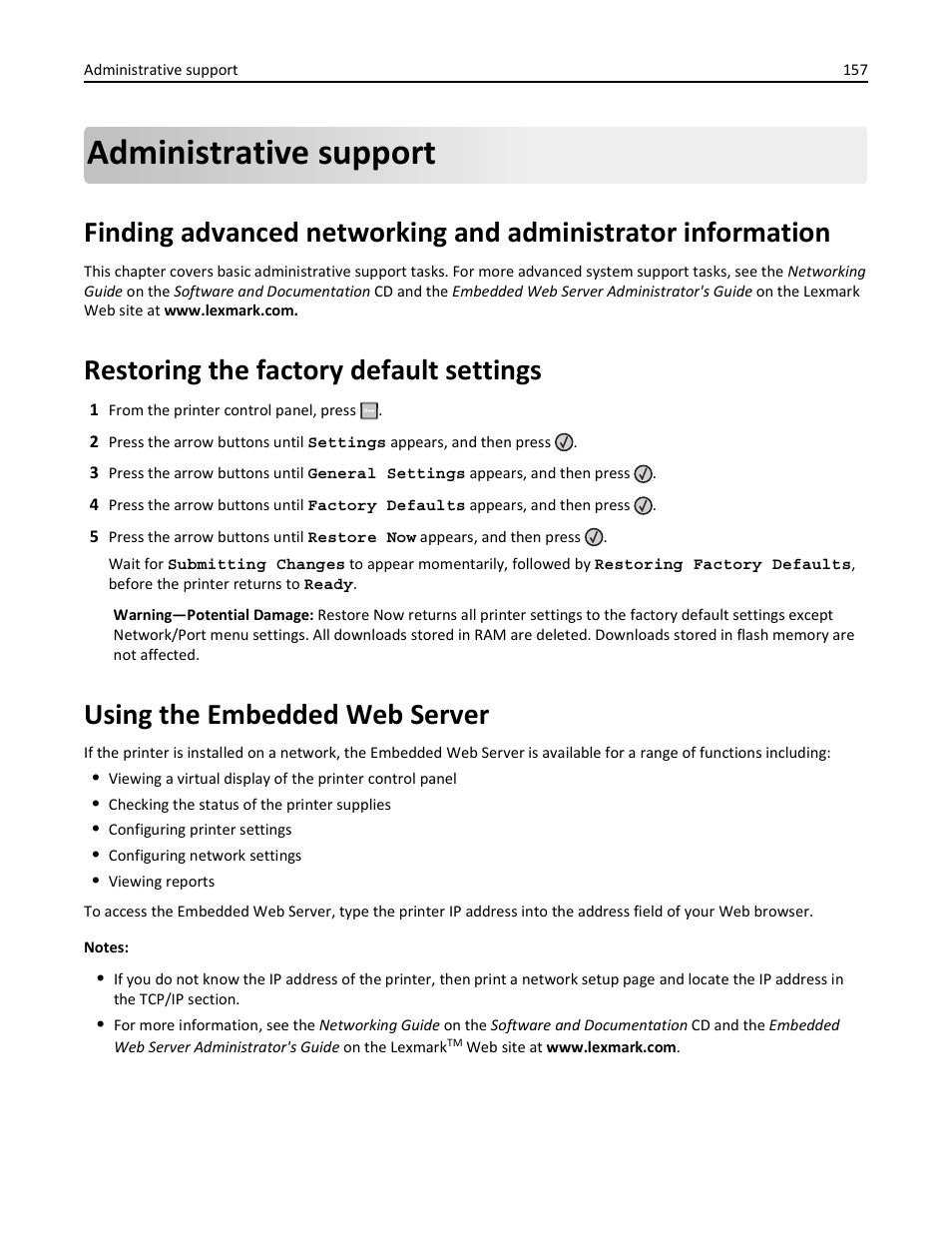 Administrative support, Restoring the factory default settings, Using the embedded web server | Lexmark 436 User Manual | Page 157 / 235