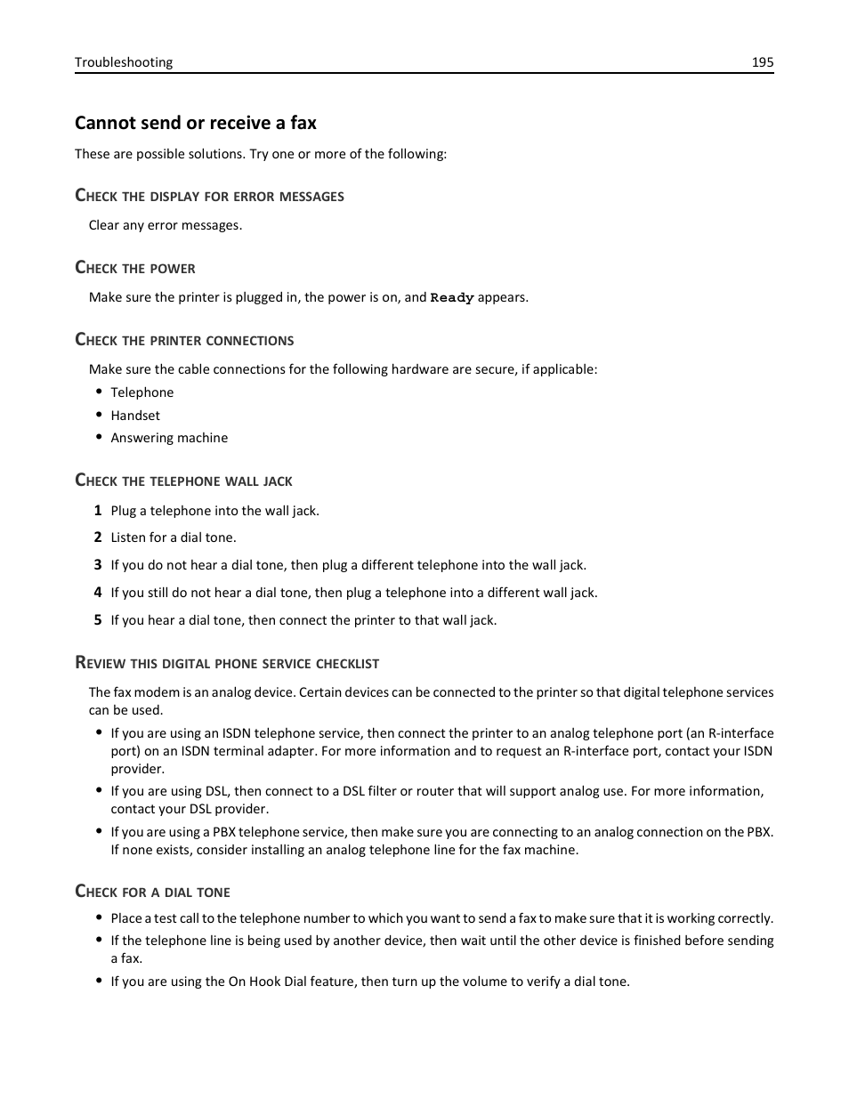 Cannot send or receive a fax, Check the display for error messages, Check the power | Check the printer connections, Check the telephone wall jack, Review this digital phone service checklist, Check for a dial tone | Lexmark 436 User Manual | Page 195 / 235