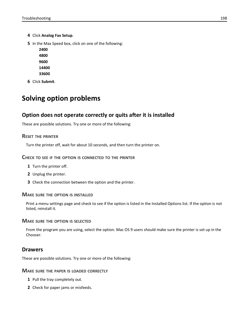 Solving option problems, Reset the printer, Make sure the option is installed | Make sure the option is selected, Drawers, Make sure the paper is loaded correctly | Lexmark 436 User Manual | Page 198 / 235
