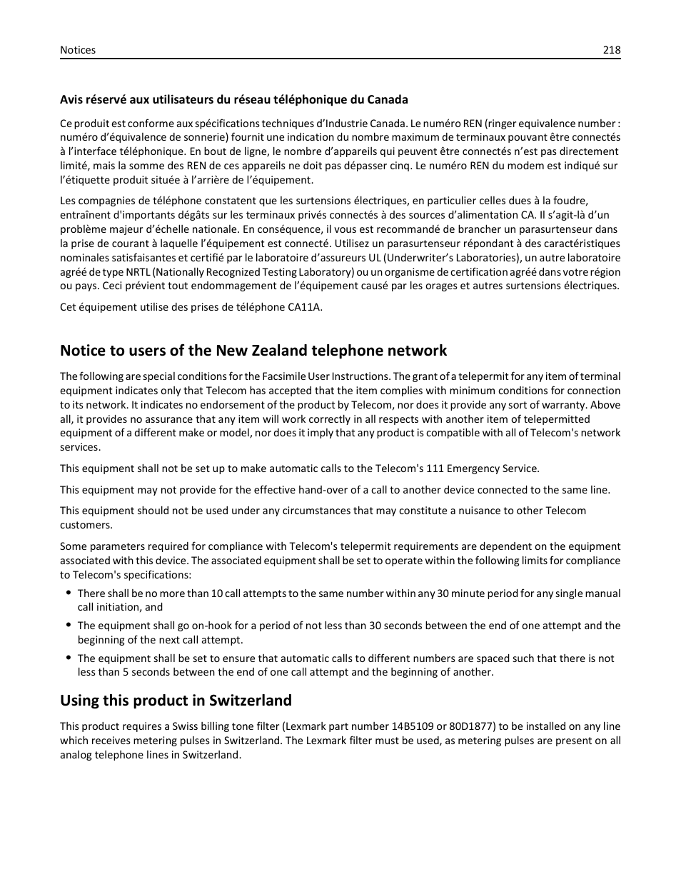 Using this product in switzerland | Lexmark 436 User Manual | Page 218 / 235