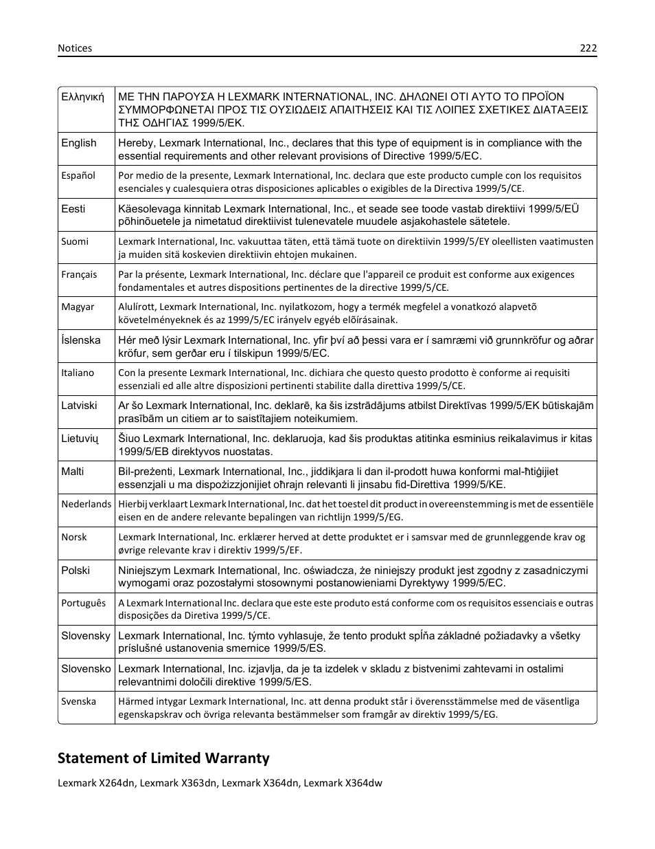 Statement of limited warranty | Lexmark 436 User Manual | Page 222 / 235
