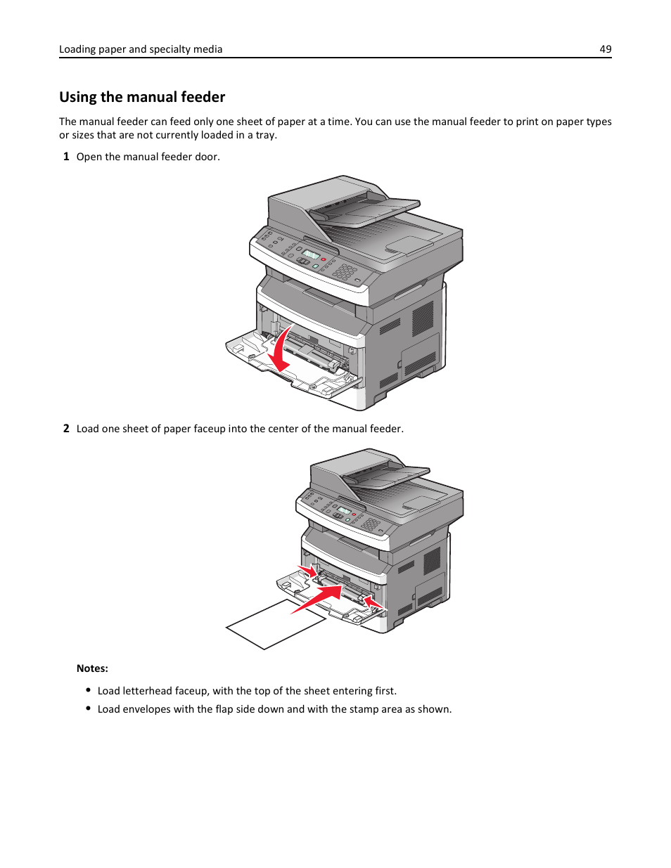 Using the manual feeder | Lexmark 436 User Manual | Page 49 / 235