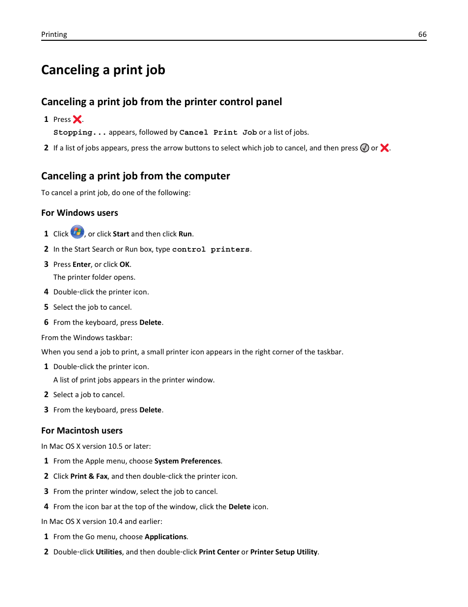 Canceling a print job, Canceling a print job from the computer | Lexmark 436 User Manual | Page 66 / 235