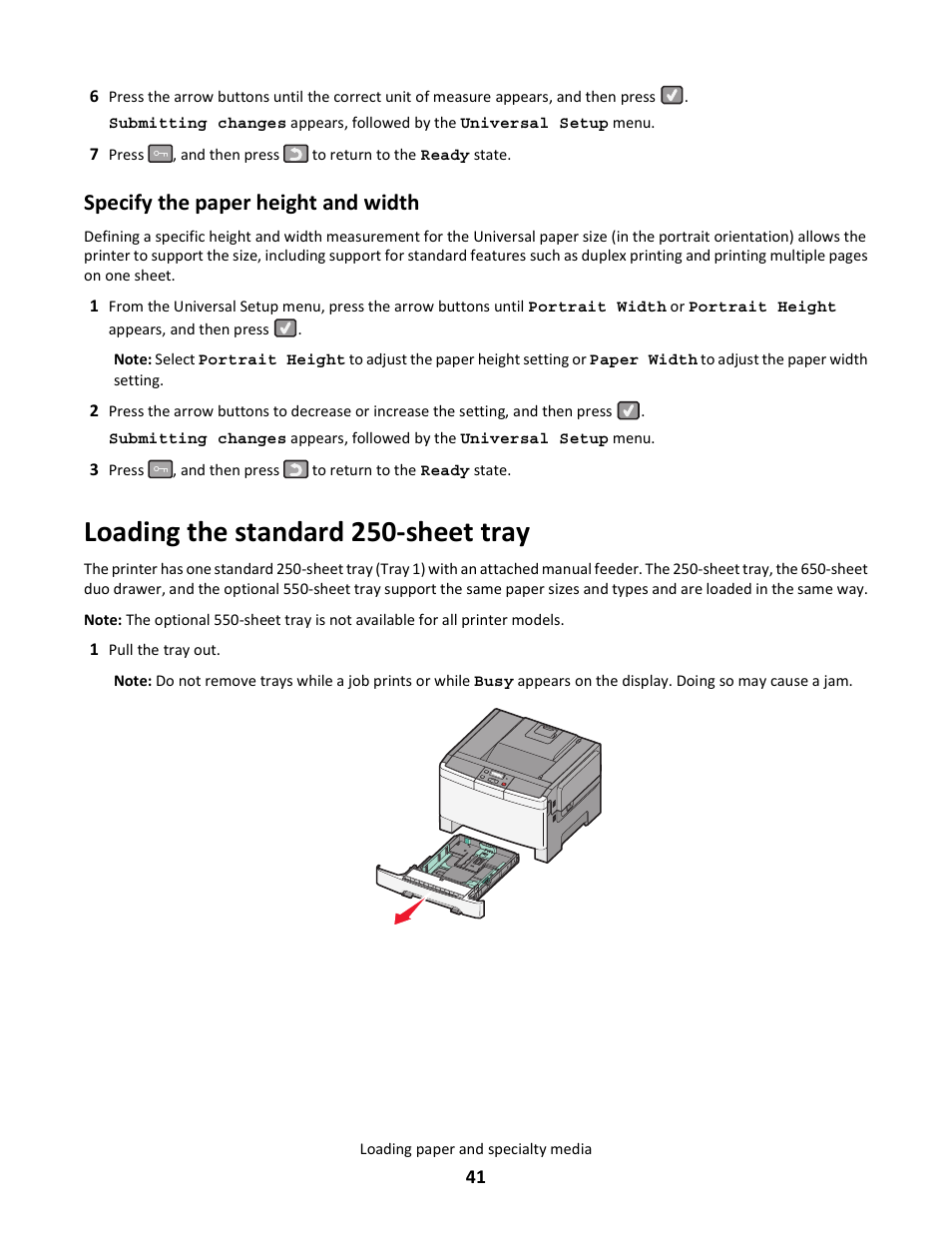 Loading the standard 250-sheet tray, Specify the paper height and width | Lexmark 5025 User Manual | Page 41 / 171