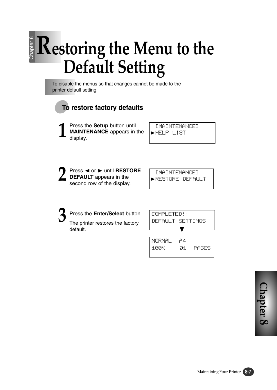 Estoring the menu to the default setting, Chapter | Lexmark Z82 User Manual | Page 83 / 105