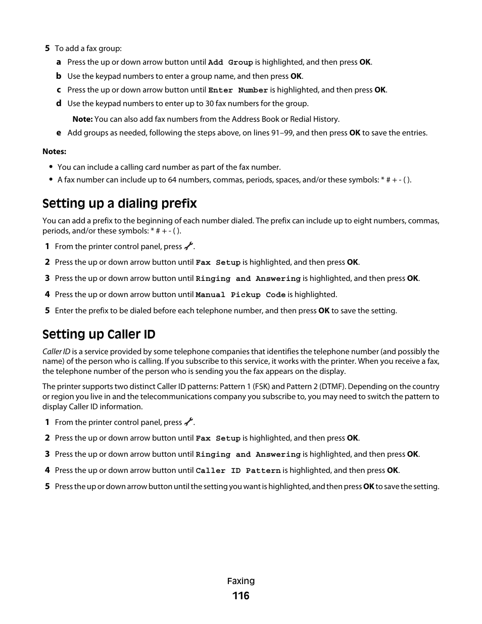 Setting up a dialing prefix, Setting up caller id | Lexmark 7600 Series User Manual | Page 116 / 181