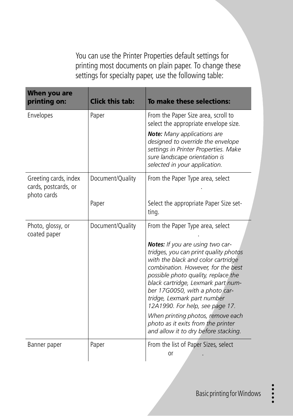 Changing the printing options for specialty paper, Ba sic printing for w ind ow s | Lexmark Z32 User Manual | Page 9 / 44