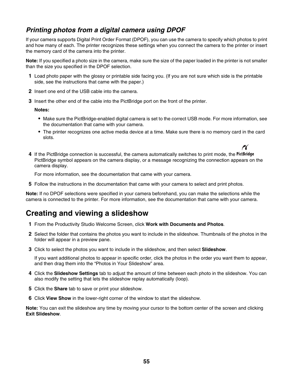 Printing photos from a digital camera using dpof, Creating and viewing a slideshow | Lexmark 1500 Series User Manual | Page 55 / 124