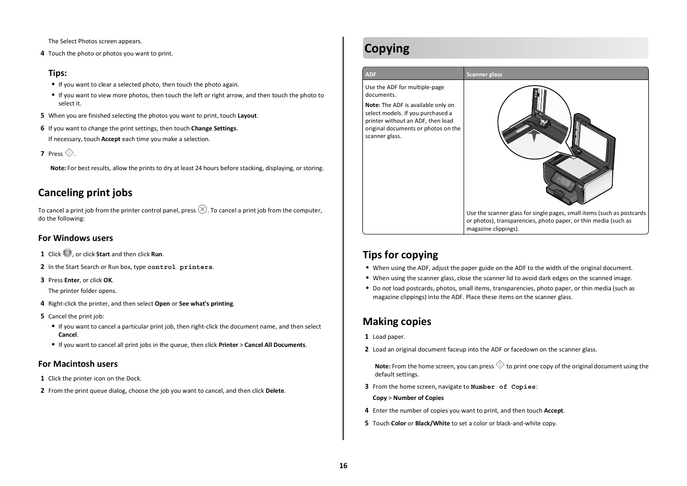 Canceling print jobs, Copying, Tips for copying | Making copies | Lexmark Prestige Pro803 User Manual | Page 16 / 25