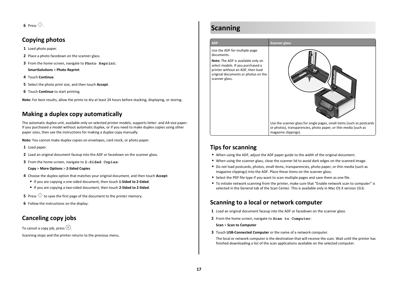 Copying photos, Making a duplex copy automatically, Canceling copy jobs | Scanning, Tips for scanning, Scanning to a local or network computer | Lexmark Prestige Pro803 User Manual | Page 17 / 25