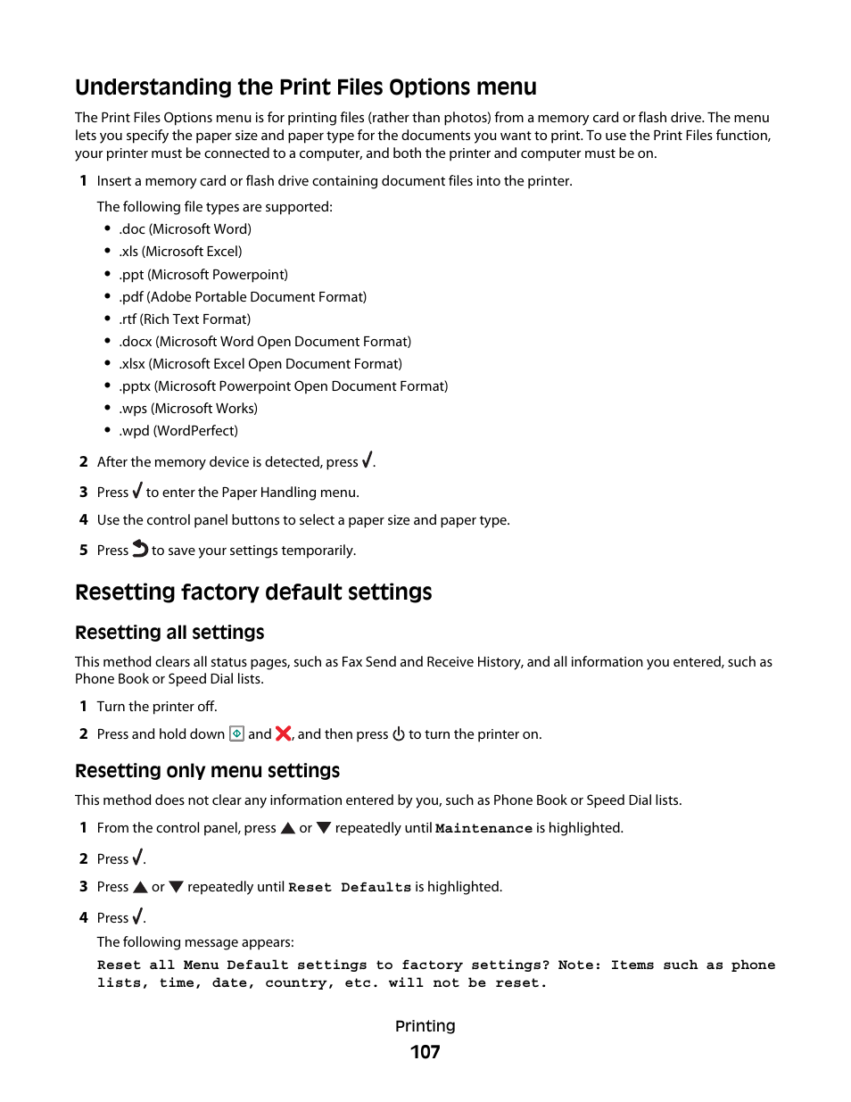 Understanding the print files options menu, Resetting factory default settings | Lexmark 9500 Series User Manual | Page 107 / 290