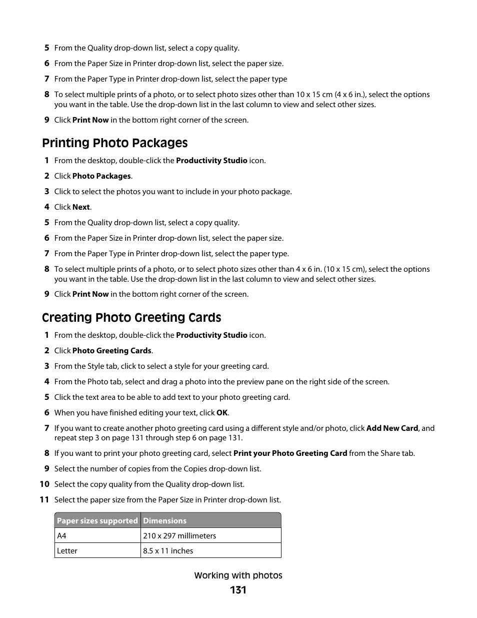 Printing photo packages, Creating photo greeting cards | Lexmark 9500 Series User Manual | Page 131 / 290