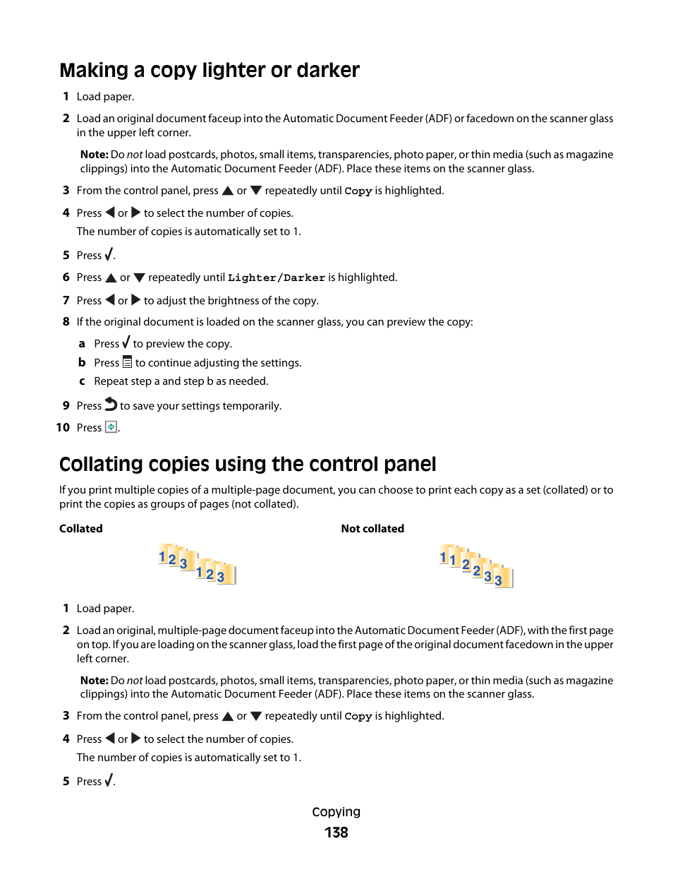 Making a copy lighter or darker, Collating copies using the control panel | Lexmark 9500 Series User Manual | Page 138 / 290