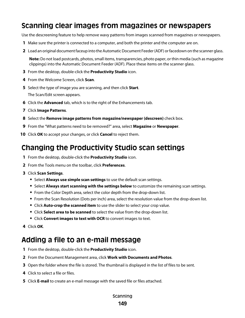Scanning clear images from magazines or newspapers, Changing the productivity studio scan settings, Adding a file to an e-mail message | Lexmark 9500 Series User Manual | Page 149 / 290