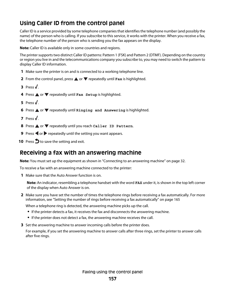 Using caller id from the control panel, Receiving a fax with an answering machine | Lexmark 9500 Series User Manual | Page 157 / 290