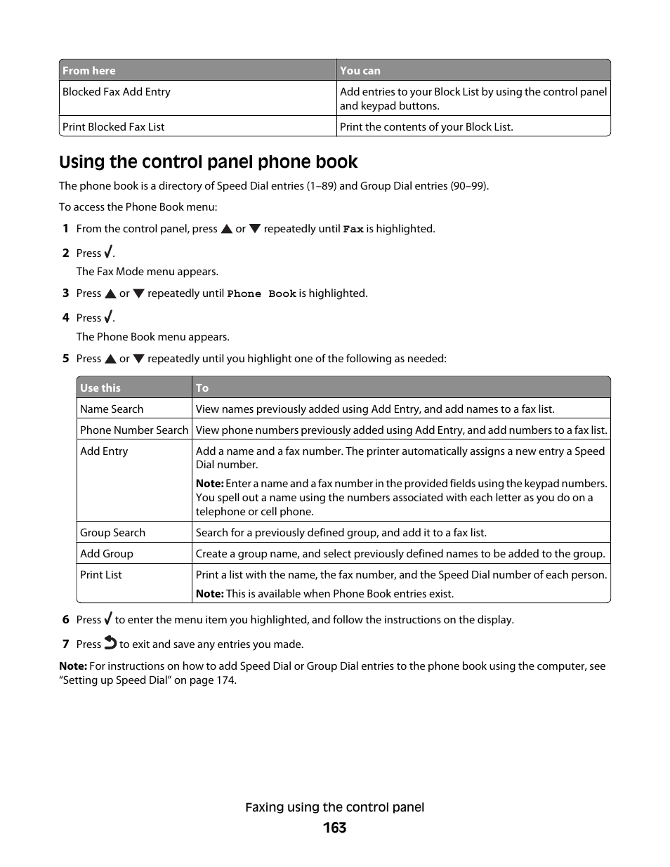 Using the control panel phone book | Lexmark 9500 Series User Manual | Page 163 / 290