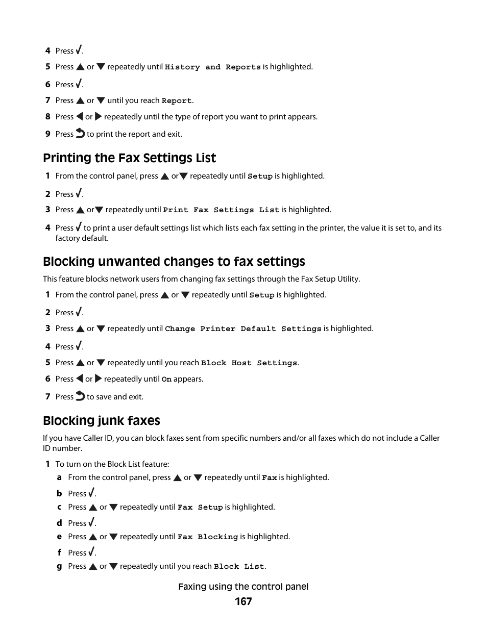 Printing the fax settings list, Blocking unwanted changes to fax settings, Blocking junk faxes | Lexmark 9500 Series User Manual | Page 167 / 290
