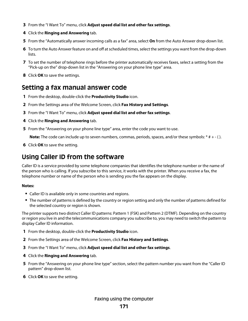 Setting a fax manual answer code, Using caller id from the software | Lexmark 9500 Series User Manual | Page 171 / 290