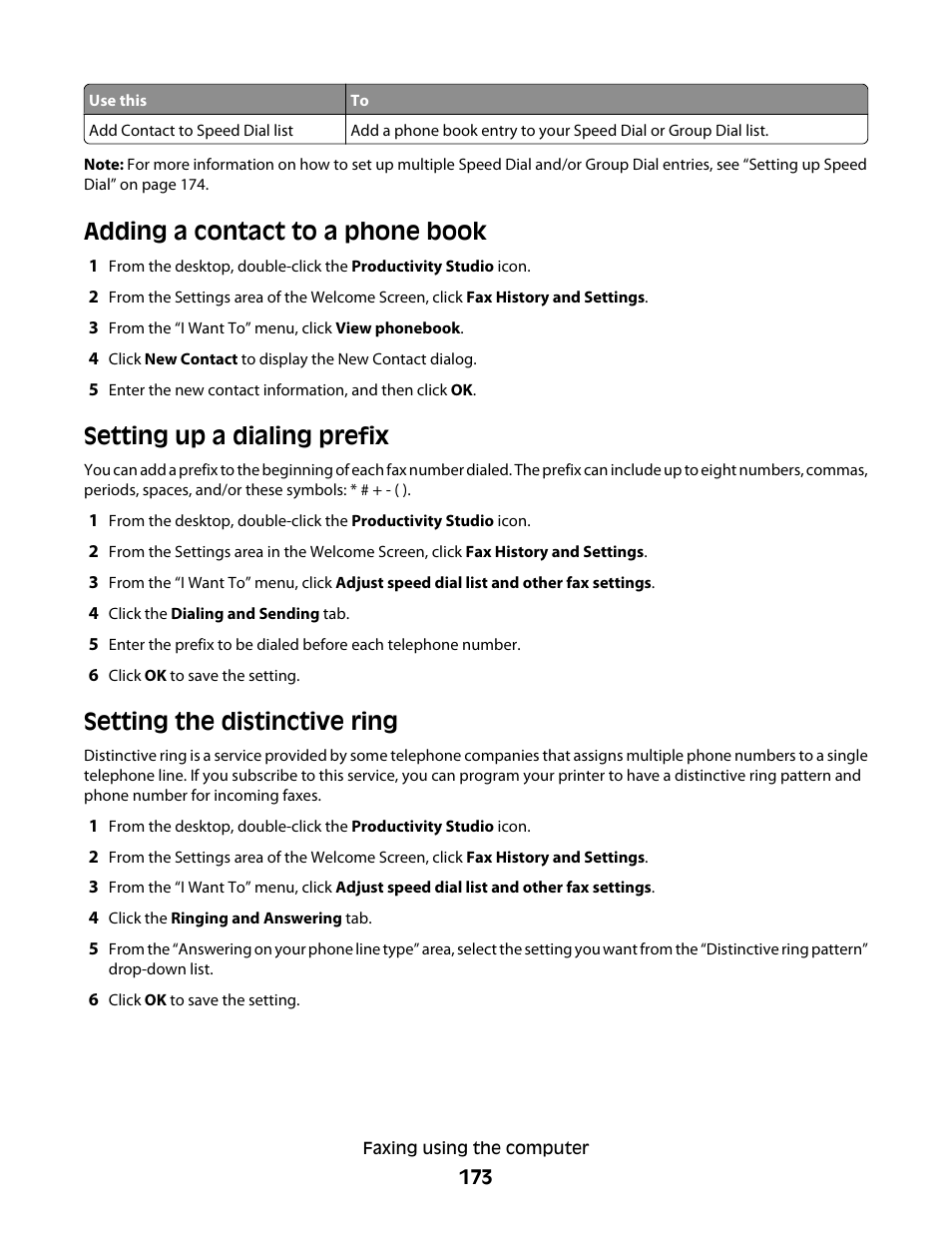 Adding a contact to a phone book, Setting up a dialing prefix, Setting the distinctive ring | Lexmark 9500 Series User Manual | Page 173 / 290