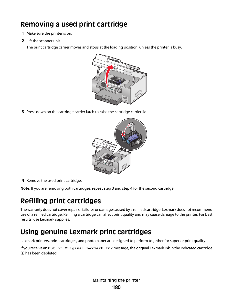 Removing a used print cartridge, Refilling print cartridges, Using genuine lexmark print cartridges | Lexmark 9500 Series User Manual | Page 180 / 290