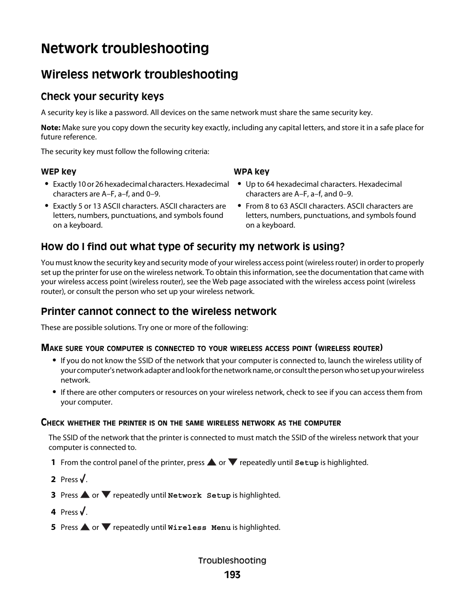 Network troubleshooting, Wireless network troubleshooting | Lexmark 9500 Series User Manual | Page 193 / 290
