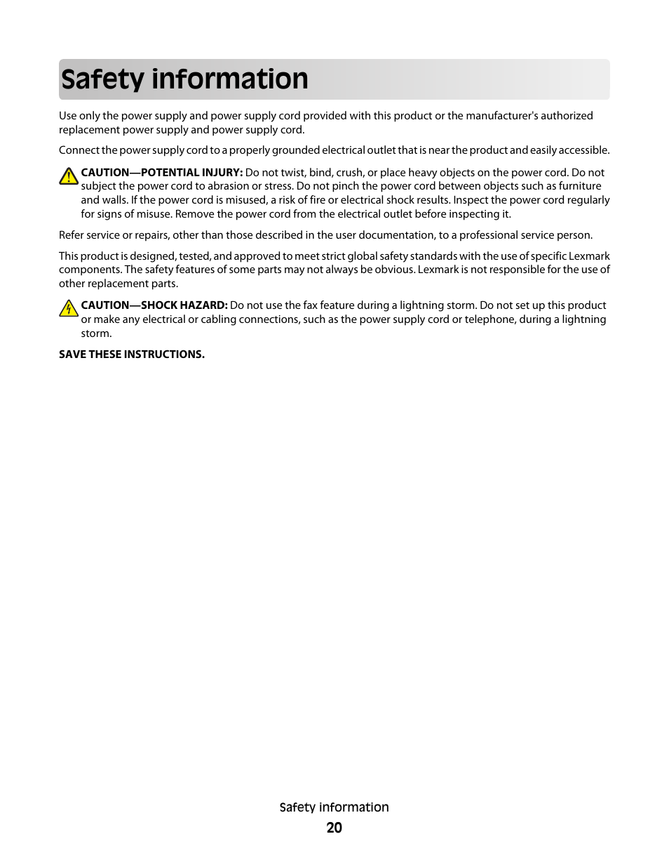 Safety information | Lexmark 9500 Series User Manual | Page 20 / 290