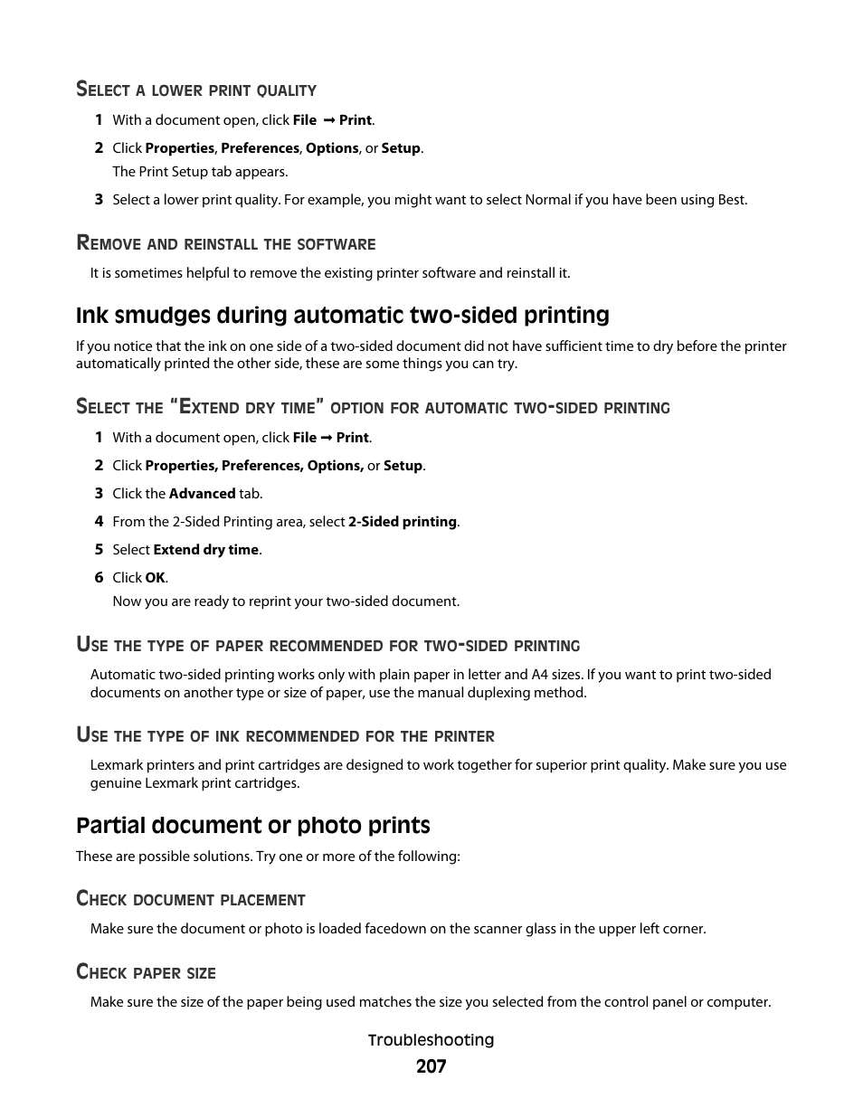 Ink smudges during automatic two-sided printing, Partial document or photo prints | Lexmark 9500 Series User Manual | Page 207 / 290
