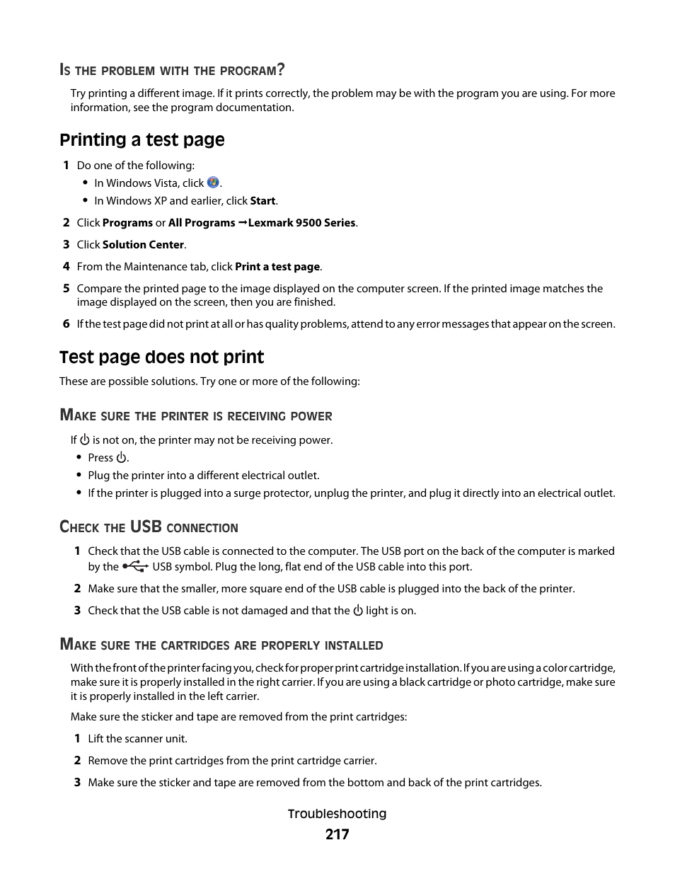 Printing a test page, Test page does not print | Lexmark 9500 Series User Manual | Page 217 / 290