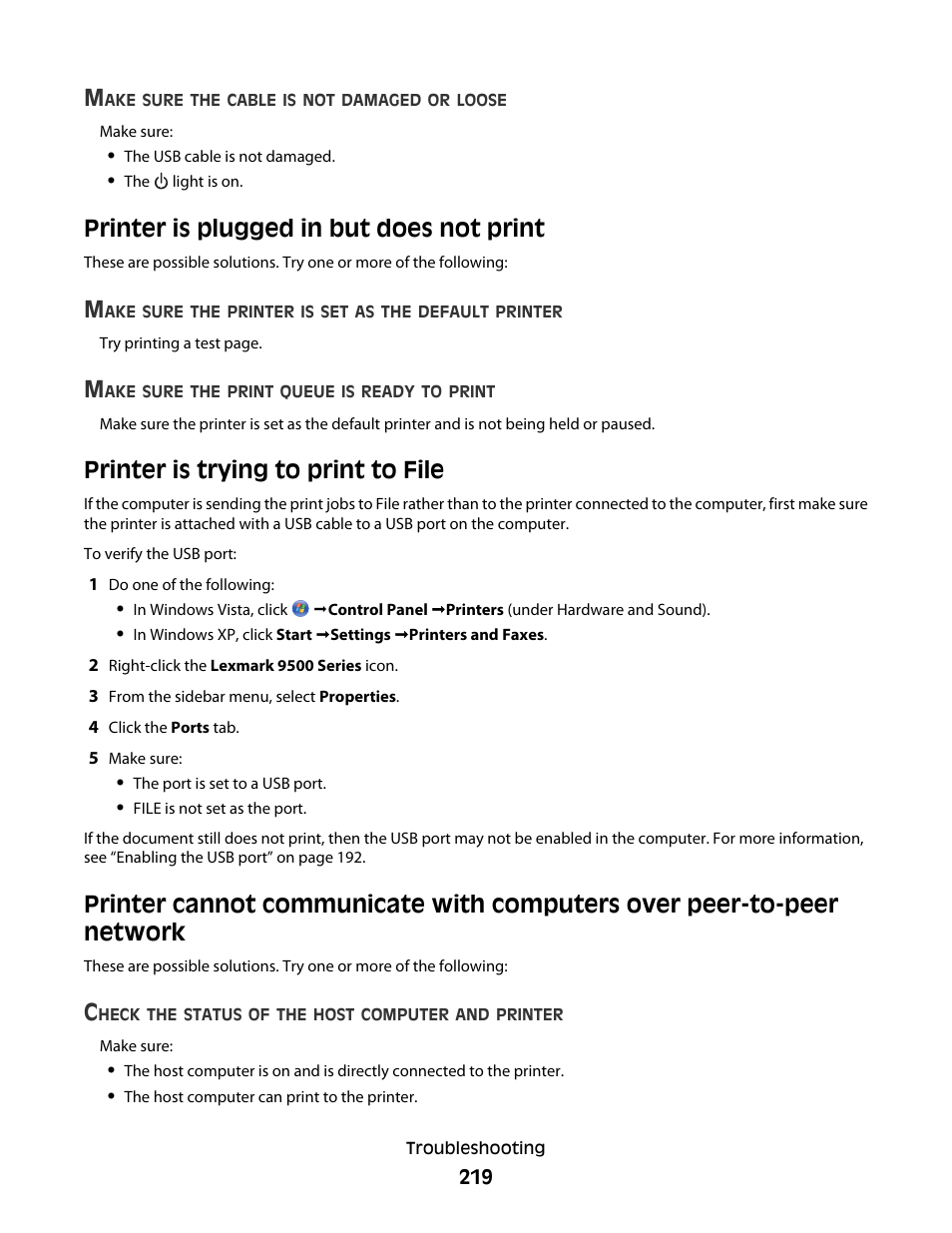 Printer is plugged in but does not print, Printer is trying to print to file | Lexmark 9500 Series User Manual | Page 219 / 290