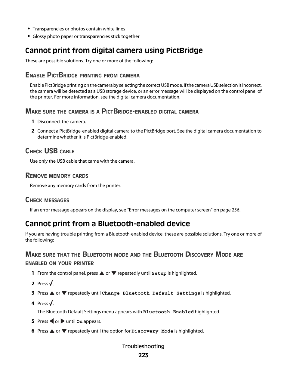 Cannot print from digital camera using pictbridge, Cannot print from a bluetooth-enabled device | Lexmark 9500 Series User Manual | Page 223 / 290