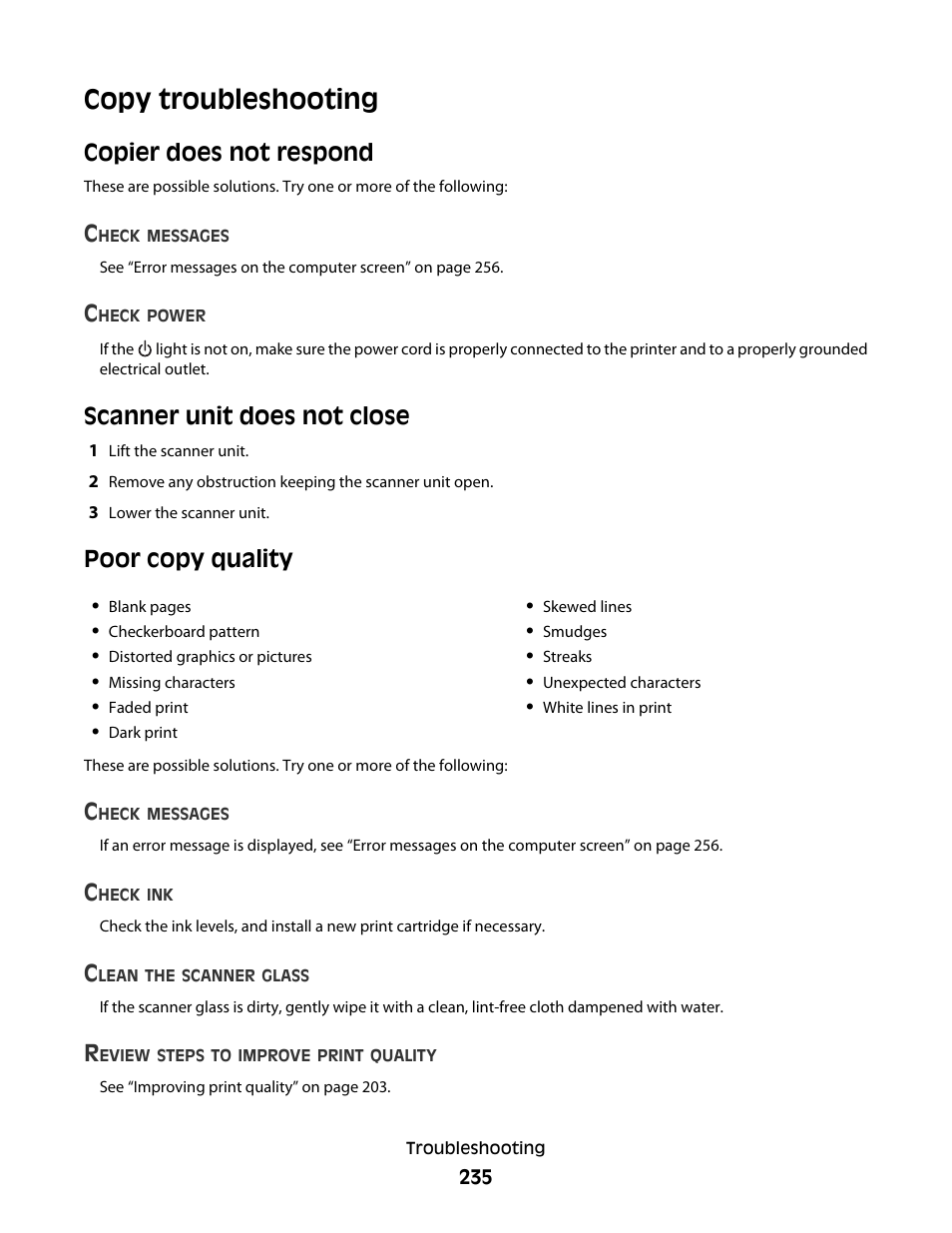 Copy troubleshooting, Copier does not respond, Scanner unit does not close | Poor copy quality | Lexmark 9500 Series User Manual | Page 235 / 290