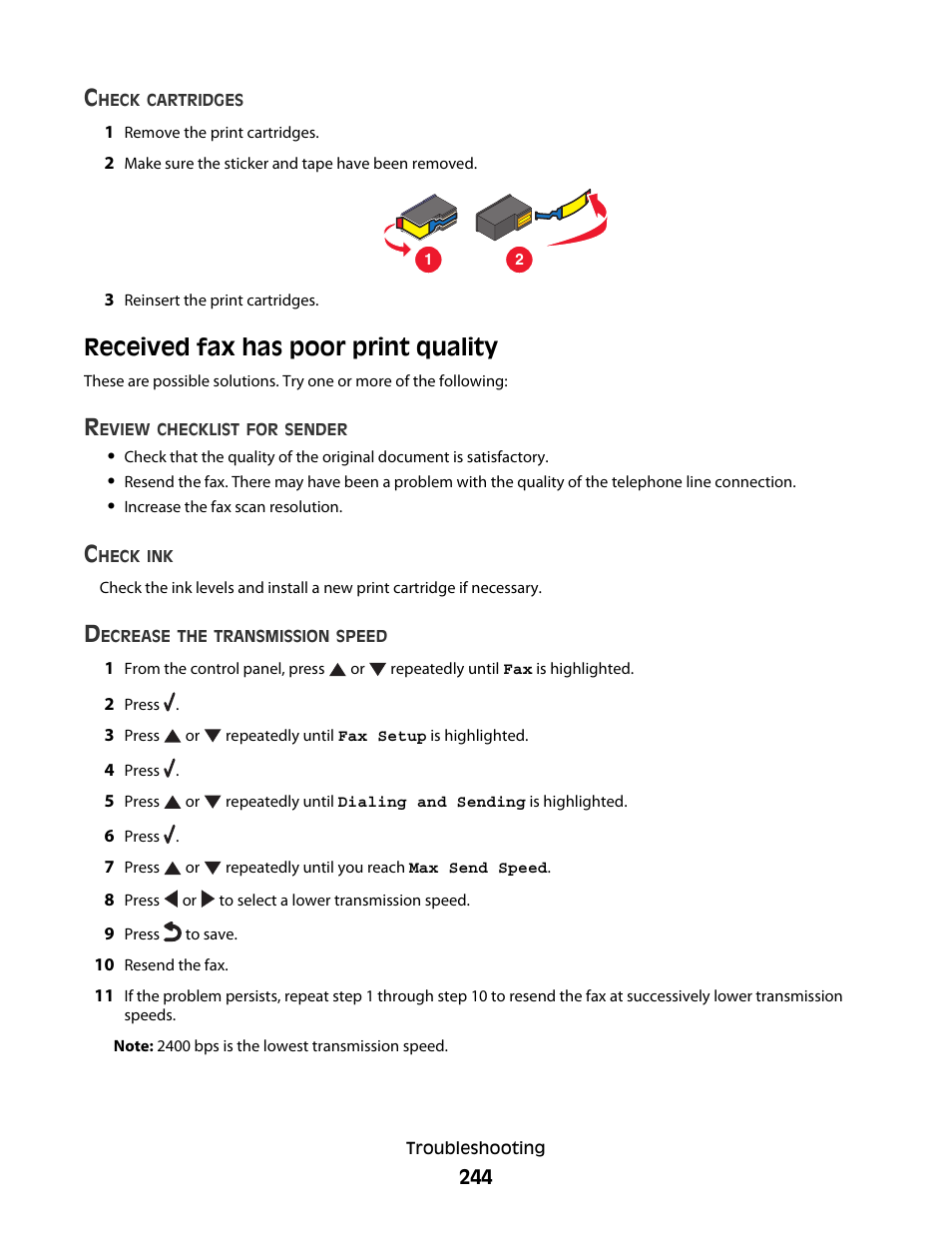 Received fax has poor print quality | Lexmark 9500 Series User Manual | Page 244 / 290
