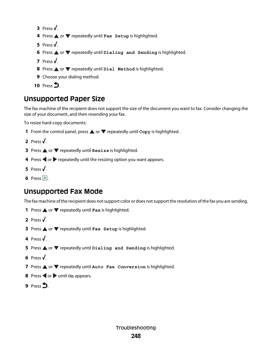 Unsupported paper size, Unsupported fax mode, Unsupported paper size unsupported fax mode | Lexmark 9500 Series User Manual | Page 248 / 290