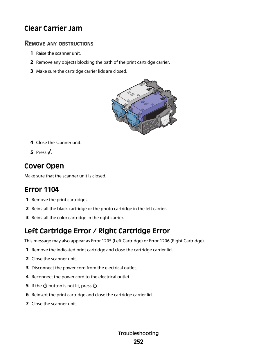 Clear carrier jam, Cover open, Error 1104 | Left cartridge error / right cartridge error, Clear carrier jam r | Lexmark 9500 Series User Manual | Page 252 / 290