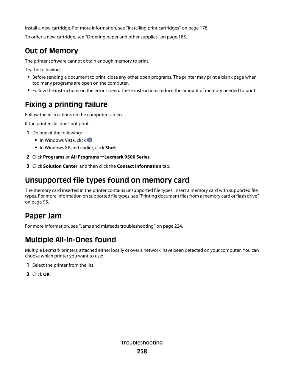 Out of memory, Fixing a printing failure, Unsupported file types found on memory card | Paper jam, Multiple all-in-ones found, Out of memory fixing a printing failure | Lexmark 9500 Series User Manual | Page 258 / 290