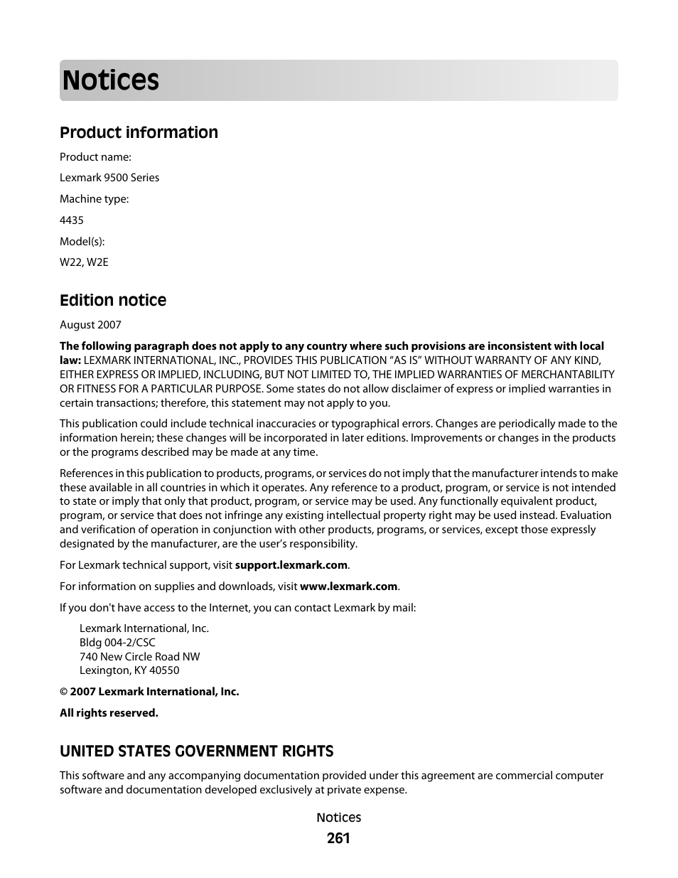 Notices, Product information, Edition notice | United states government rights | Lexmark 9500 Series User Manual | Page 261 / 290