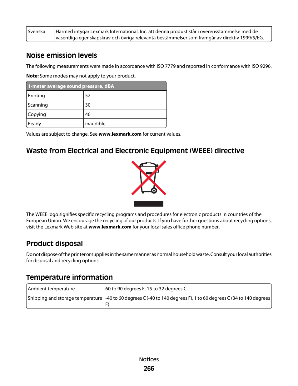 Noise emission levels, Product disposal, Temperature information | Lexmark 9500 Series User Manual | Page 266 / 290