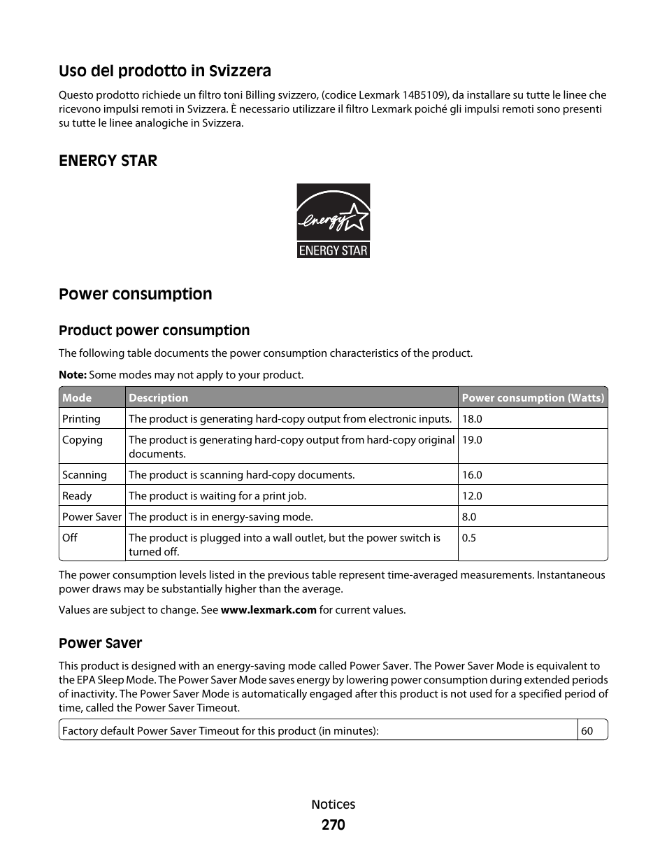 Energy star, Power consumption, Product power consumption | Power saver, Uso del prodotto in svizzera, Energy star power consumption | Lexmark 9500 Series User Manual | Page 270 / 290