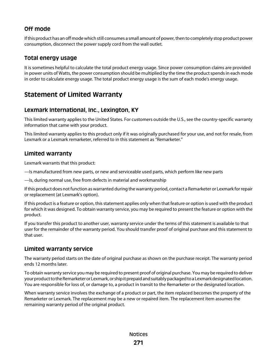 Off mode, Total energy usage, Statement of limited warranty | Lexmark 9500 Series User Manual | Page 271 / 290
