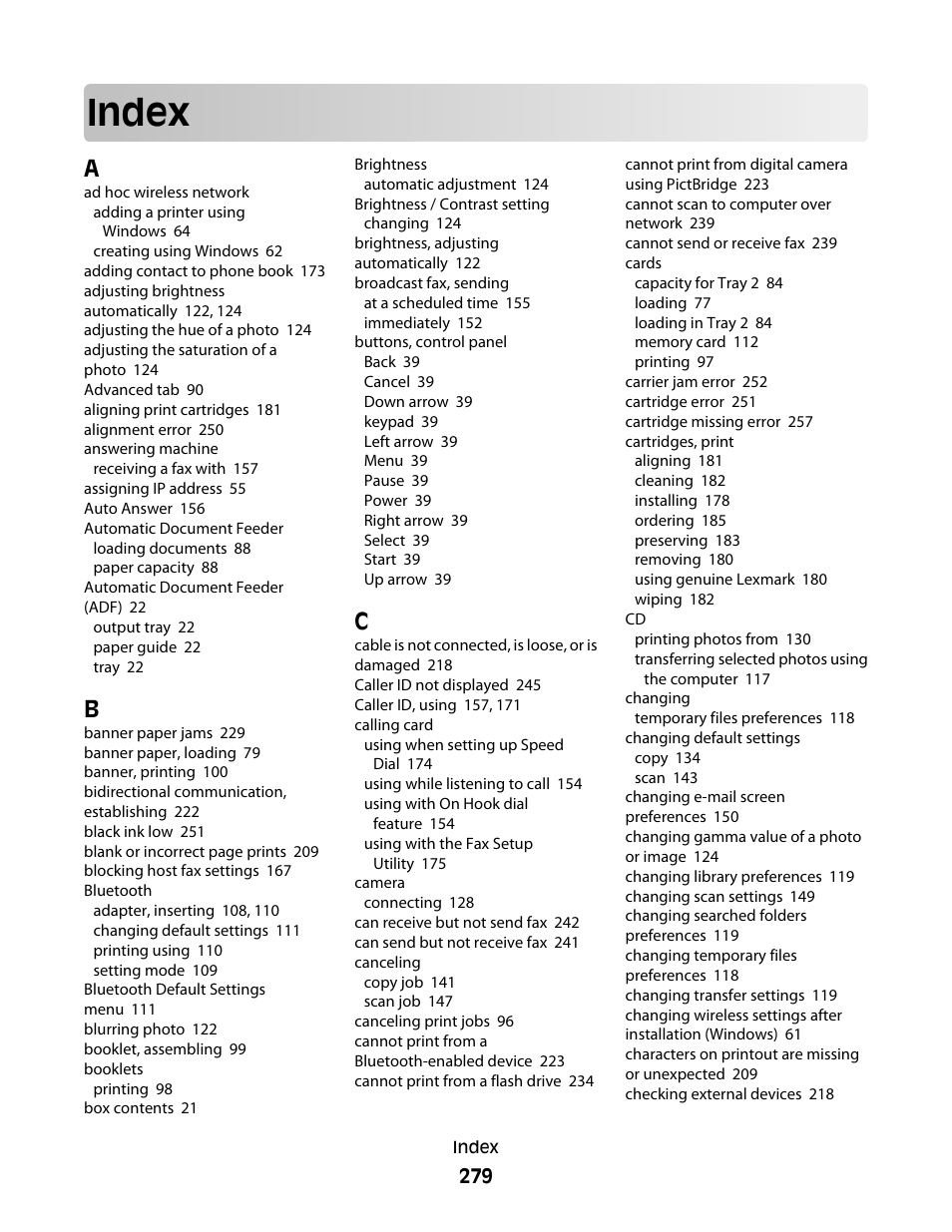 Index | Lexmark 9500 Series User Manual | Page 279 / 290