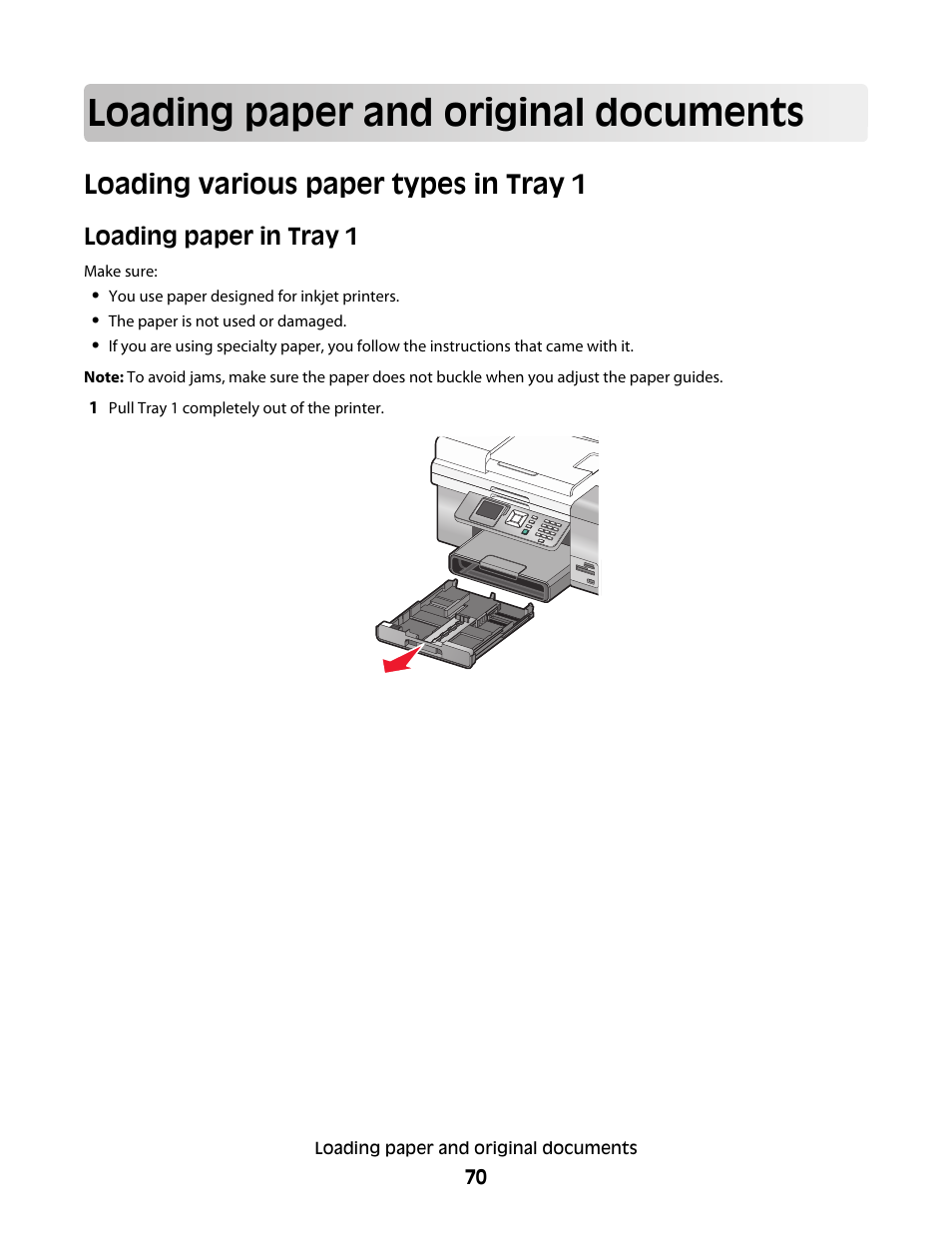 Loading paper and original documents, Loading various paper types in tray 1, Loading paper in tray 1 | Lexmark 9500 Series User Manual | Page 70 / 290