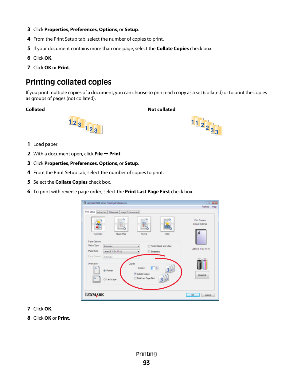 Printing collated copies | Lexmark 9500 Series User Manual | Page 93 / 290