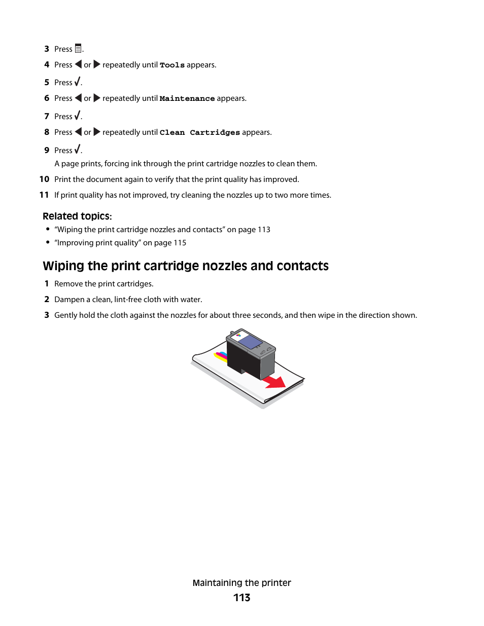 Wiping the print cartridge nozzles and contacts | Lexmark 5400 Series User Manual | Page 113 / 155