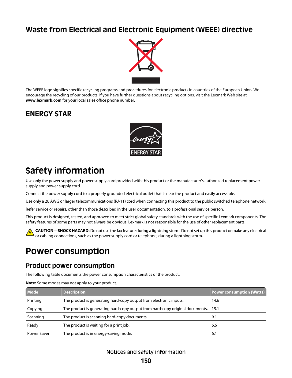 Energy star, Safety information, Power consumption | Product power consumption | Lexmark 5400 Series User Manual | Page 150 / 155