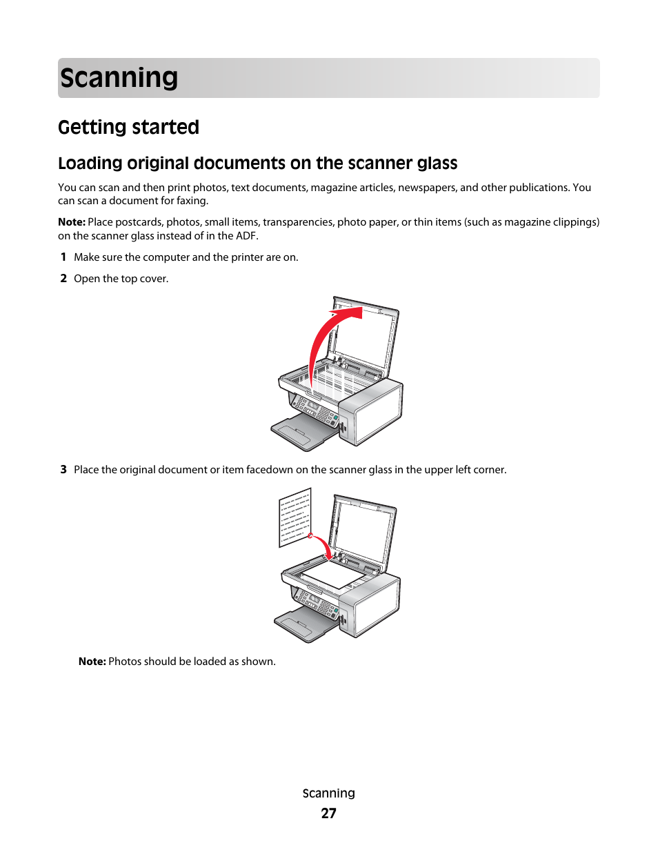 Scanning, Getting started, Loading original documents on the scanner glass | Lexmark 5400 Series User Manual | Page 27 / 155
