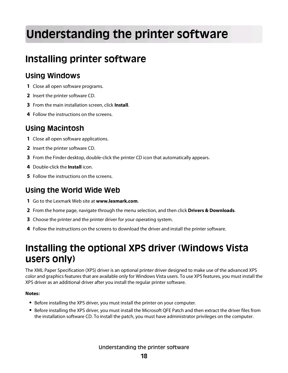 Understanding the printer software, Installing printer software, Using windows | Using macintosh, Using the world wide web | Lexmark 2600 SERIES 4433 User Manual | Page 18 / 74