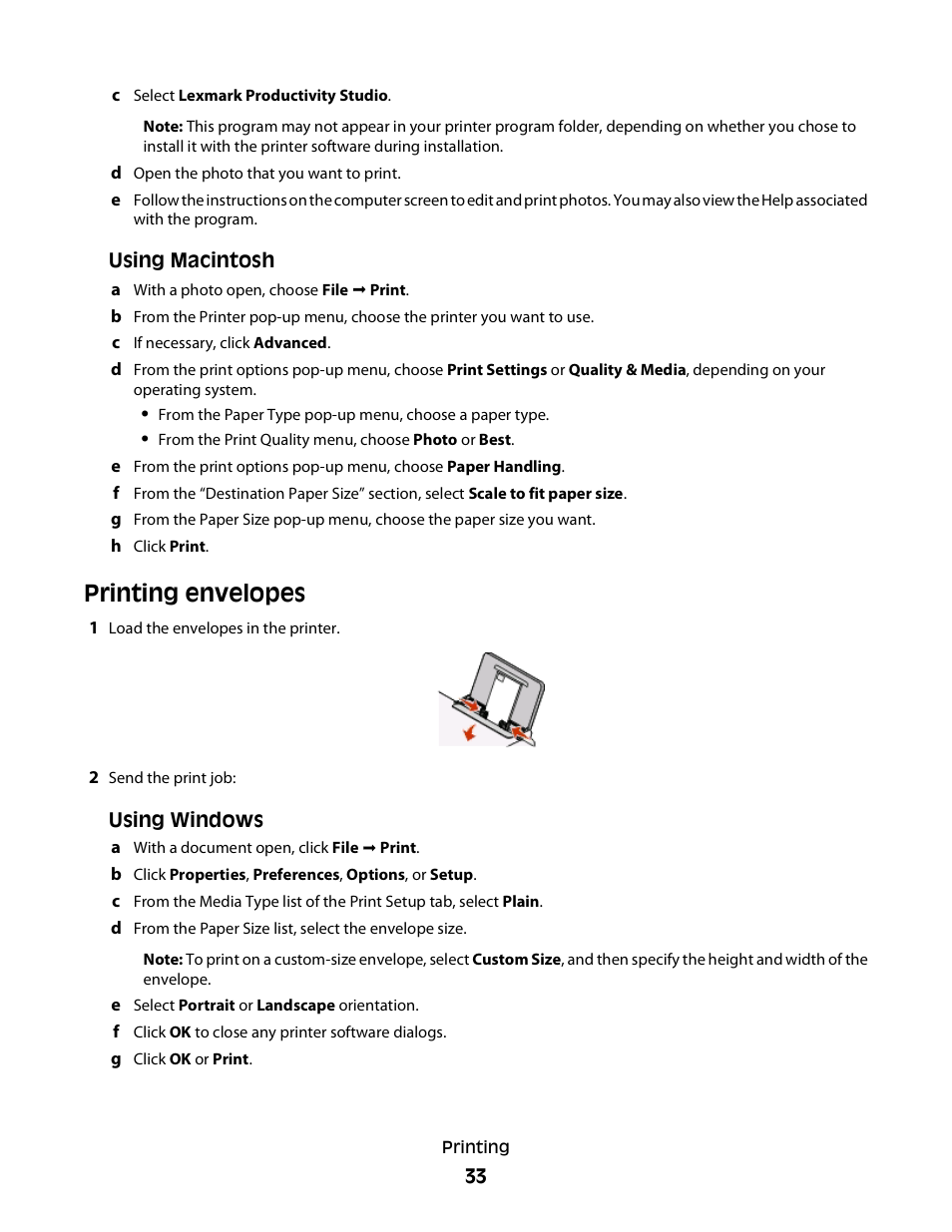 Printing envelopes | Lexmark 2600 SERIES 4433 User Manual | Page 33 / 74