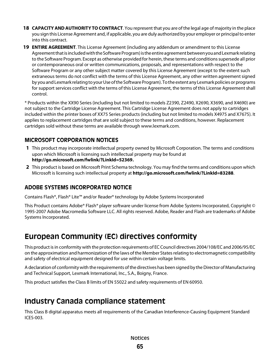 European community (ec) directives conformity, Industry canada compliance statement | Lexmark 2600 SERIES 4433 User Manual | Page 65 / 74
