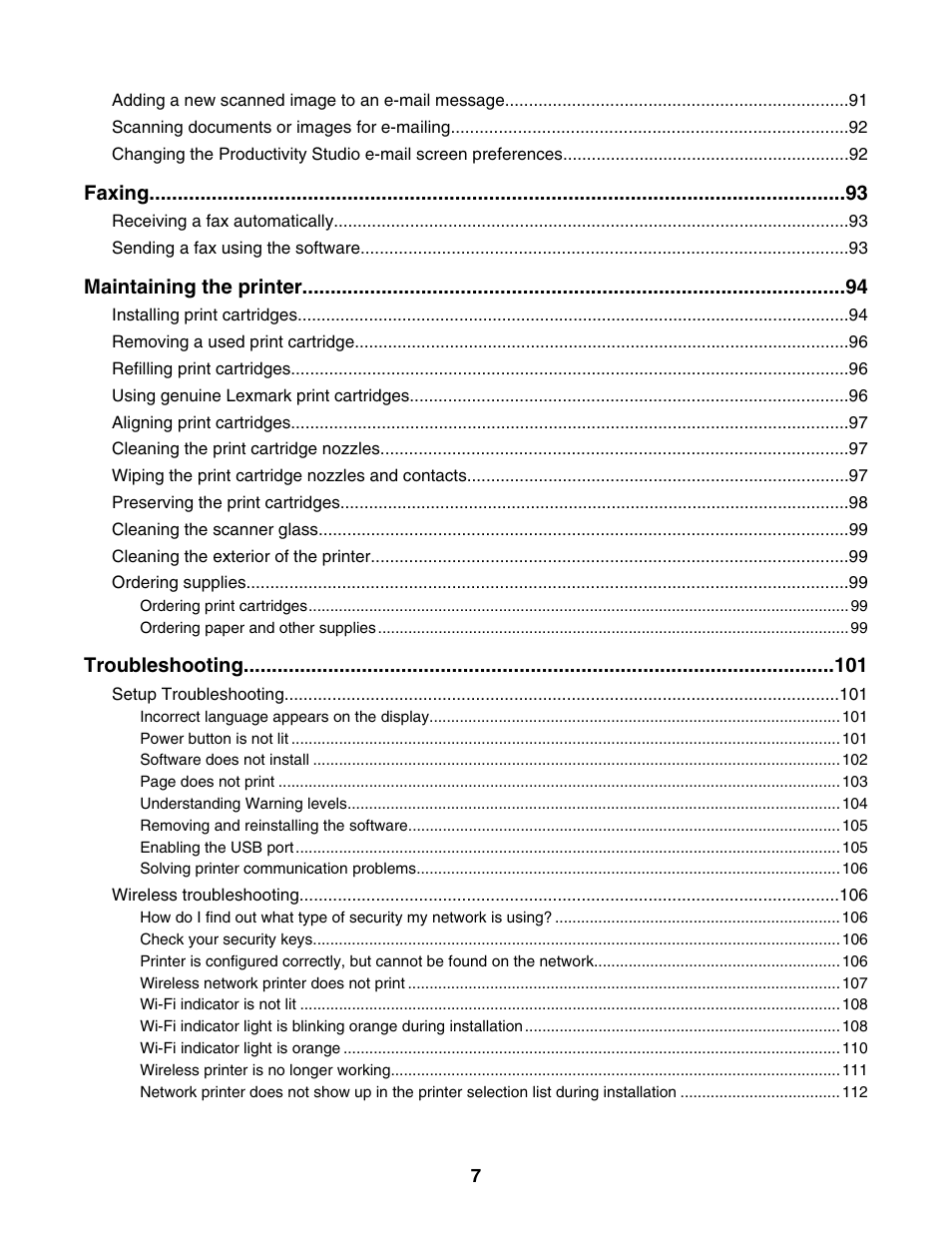 Faxing, Maintaining the printer, Troubleshooting | Lexmark 4800 Series User Manual | Page 7 / 176
